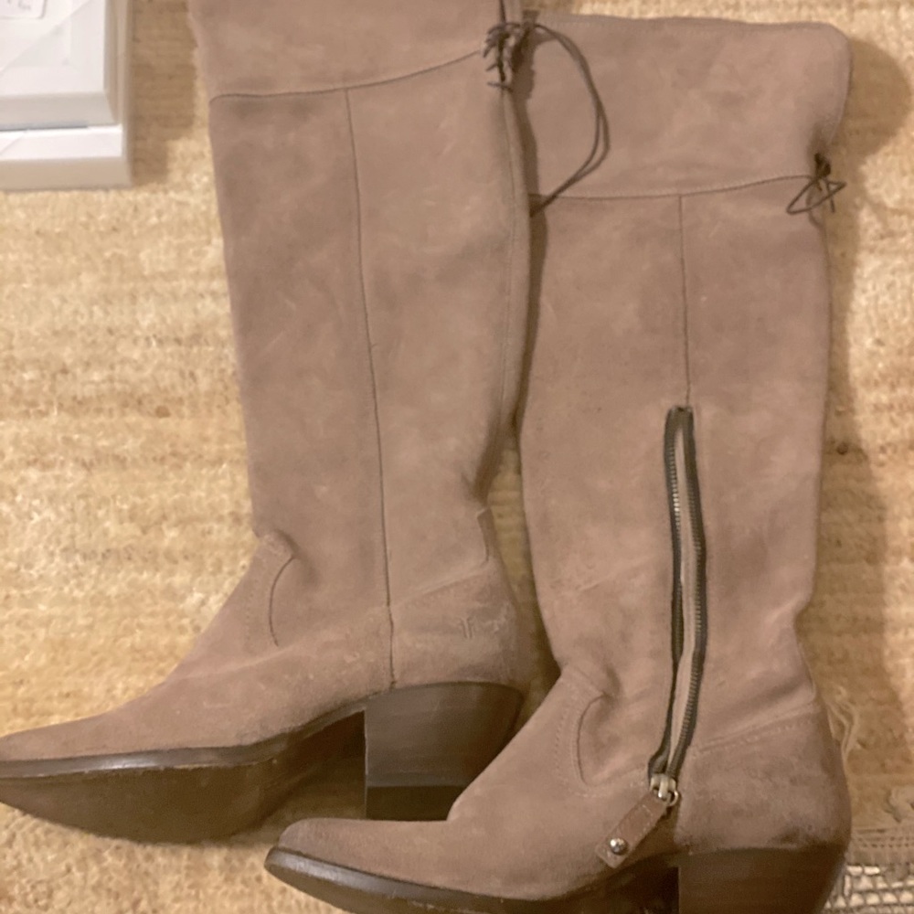 Frye thigh high cowboy boots in suede
